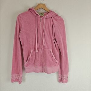 Vintage Y2K McBling Juicy Couture Pink Velour Zip Hoodie Lace Cuff Large